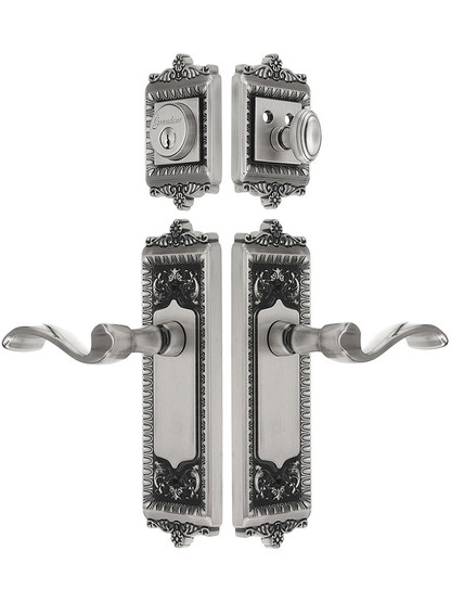 Grandeur Windsor Entry Door Set, Keyed Alike with Portofino Levers in Antique Pewter.